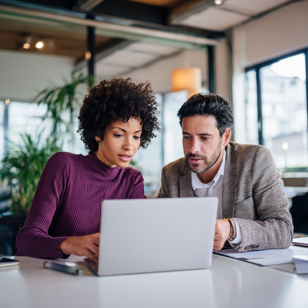Twee collega's , waarvan een vrouw met donker krullend haar en paarse trui en een man met donker haar en een grijs pak kijken samen naar een laptop.